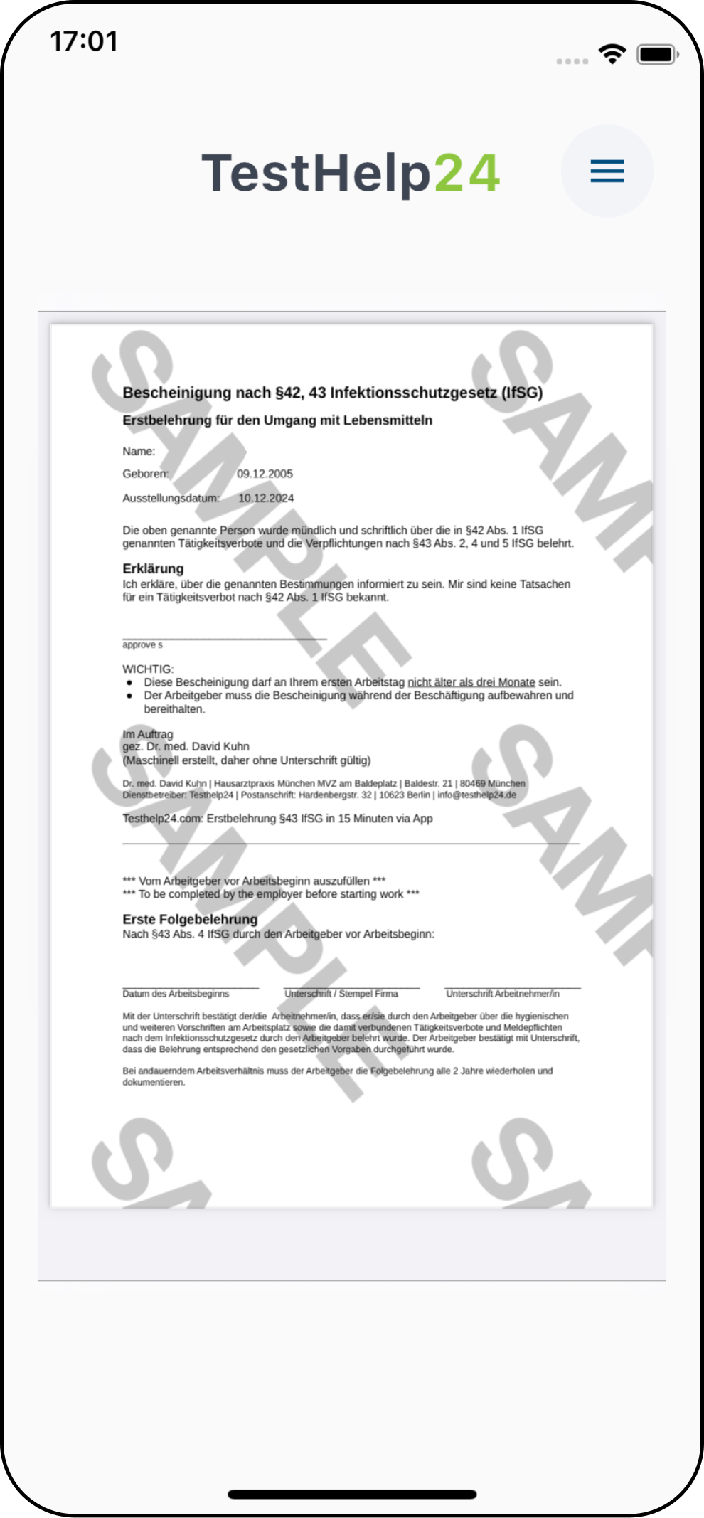 Belehrung Nach Dem Infektionsschutzgesetz Bescheinigung Gesundheitszeugnis nach §43 Infektionsschutzgesetz - TestHelp24